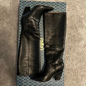 Tory Burch black Lila calf leather knee high boot 90mm heel-gold toe accent sz8